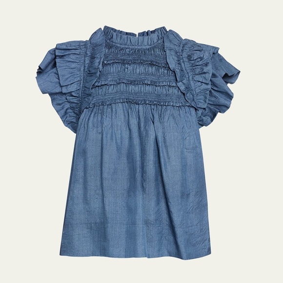 Sea New York Roberta Ruched Flutter Sleeve Silk Blouse Small Navy Blue Ruffle - Picture 1 of 12